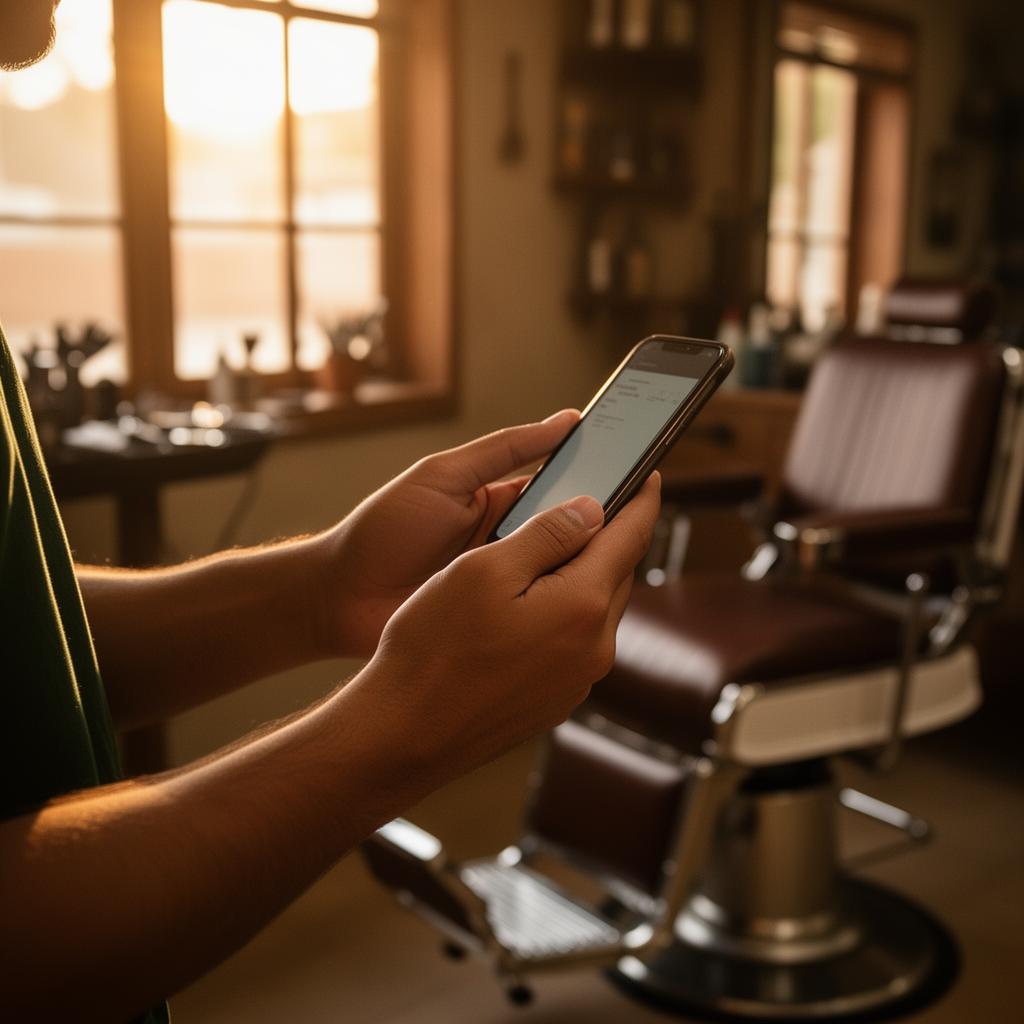 Mãos de um trabalhador autônomo segurando o celular no fim do dia